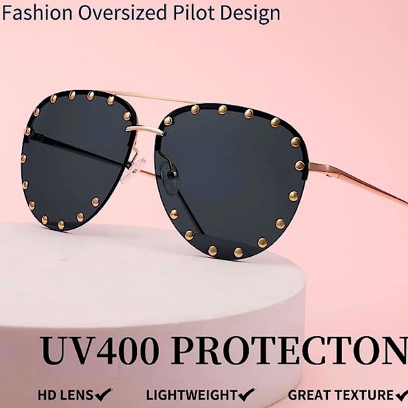 Gold Frame Black Oversized Studded Aviator Women Trendy Fashion Sunglasses - Picture 5 of 5